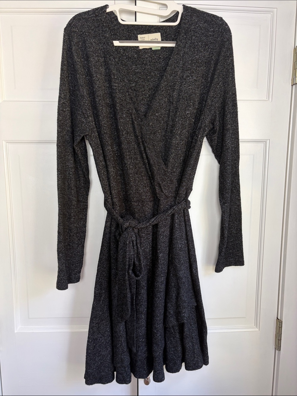 Cozy Dark Gray Long-Sleeve Faux Wrap Dress with Self-Tie Waist